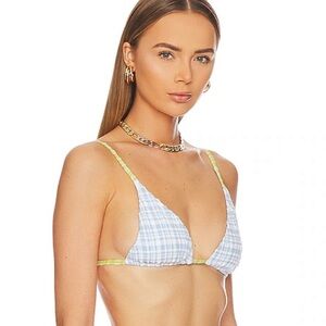 L Space Brittany Smocked Triangle Bikini Top in Powder Blue Butter Yellow Plaid